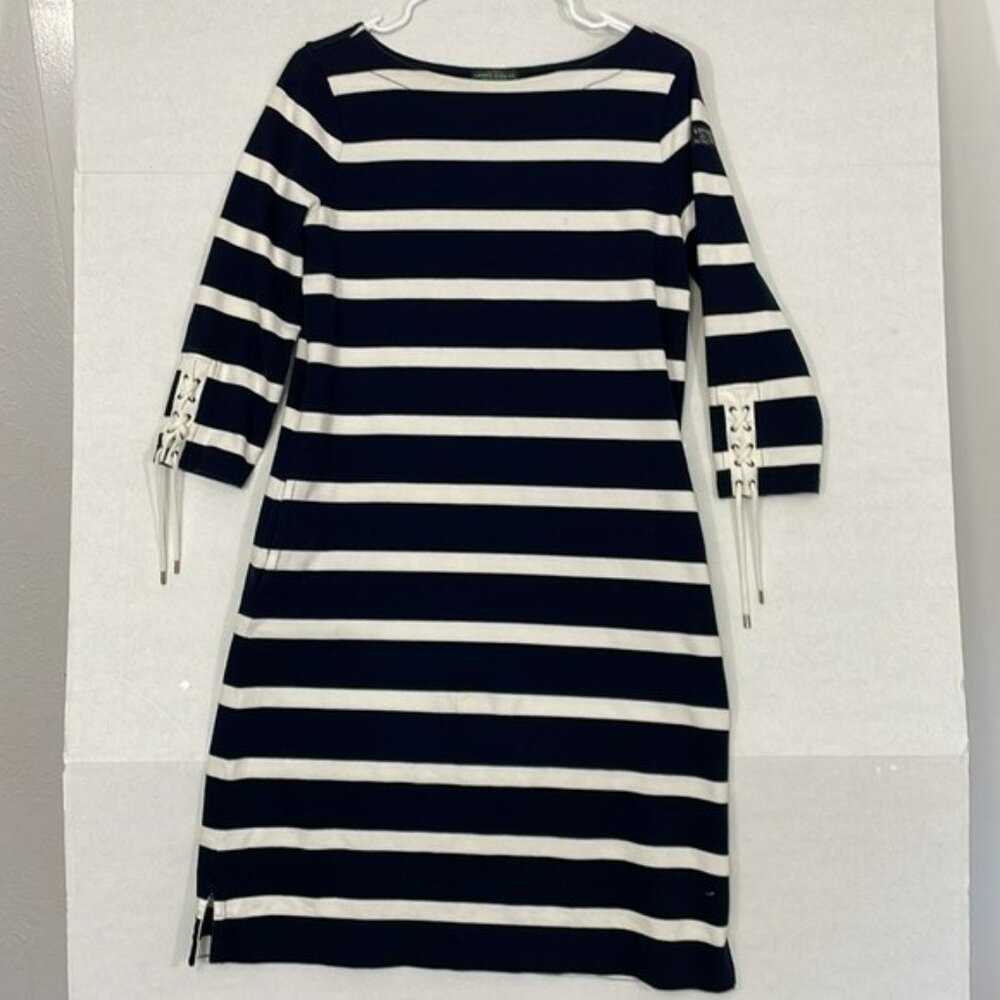 LRL Ralph Lauren Knit Dress, Pockets, Boat Neck, 3/4 Sleeves, Navy & White, M